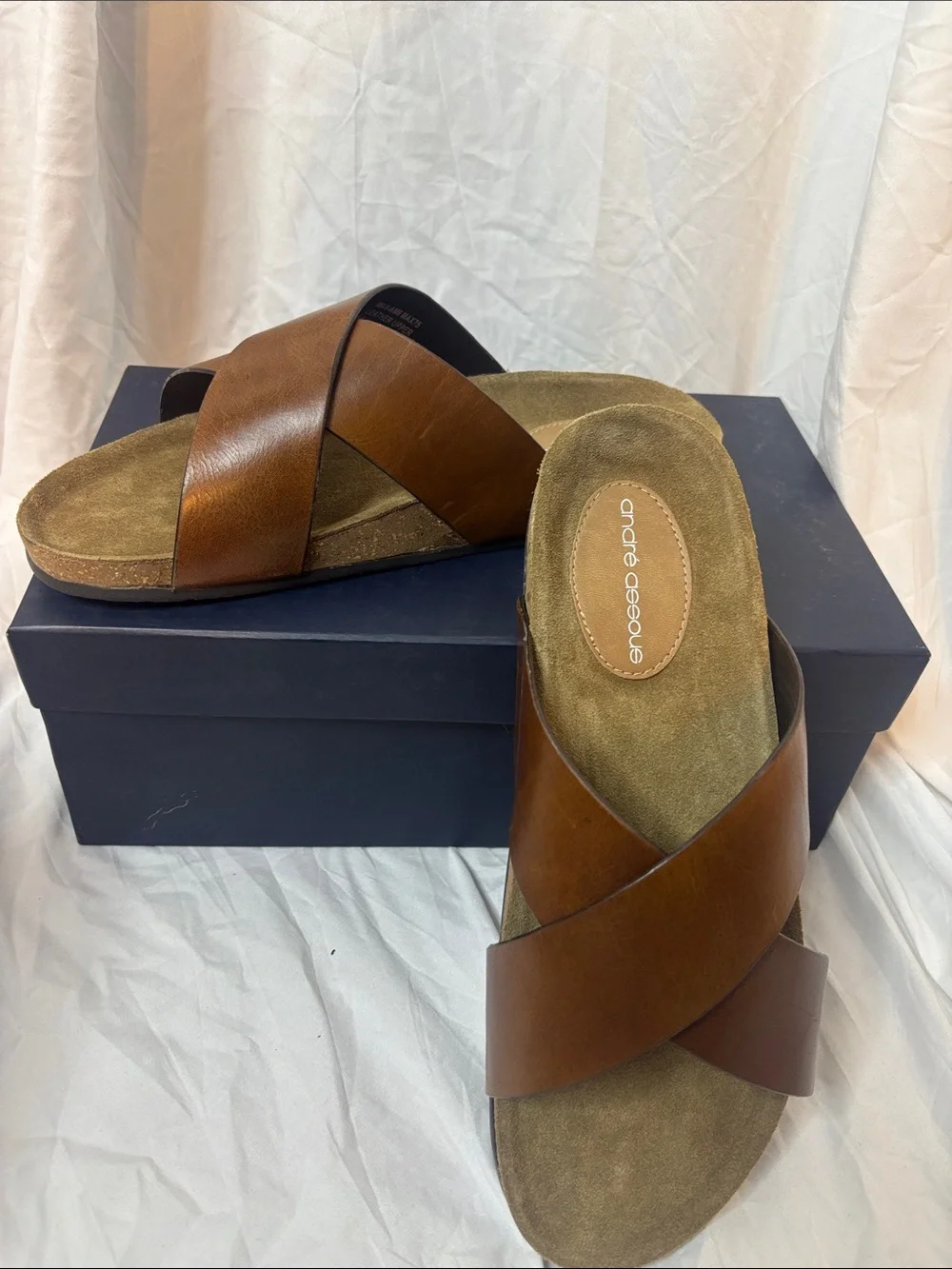 Andre Assous Brown Leather Crisscross Slide Sandals